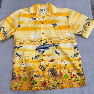 [S]KY’s Tropical Ocean Print Yellow Cotton Hawaiian Shirt Shark Sea Turtle USA